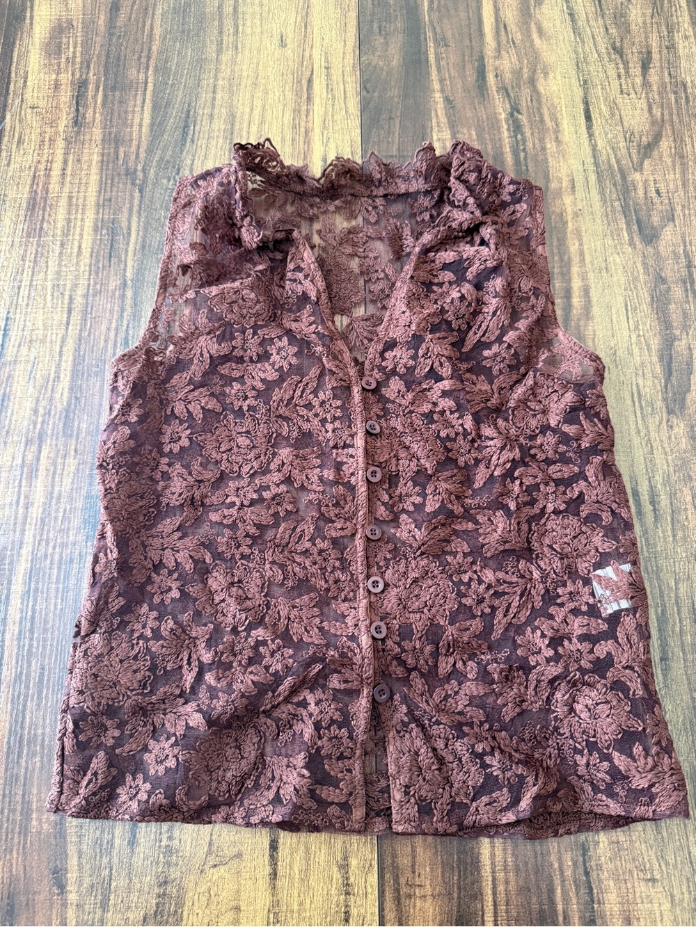 SHEIN Chocolate Brown Lace Floral Button-Front Sleeveless Blouse